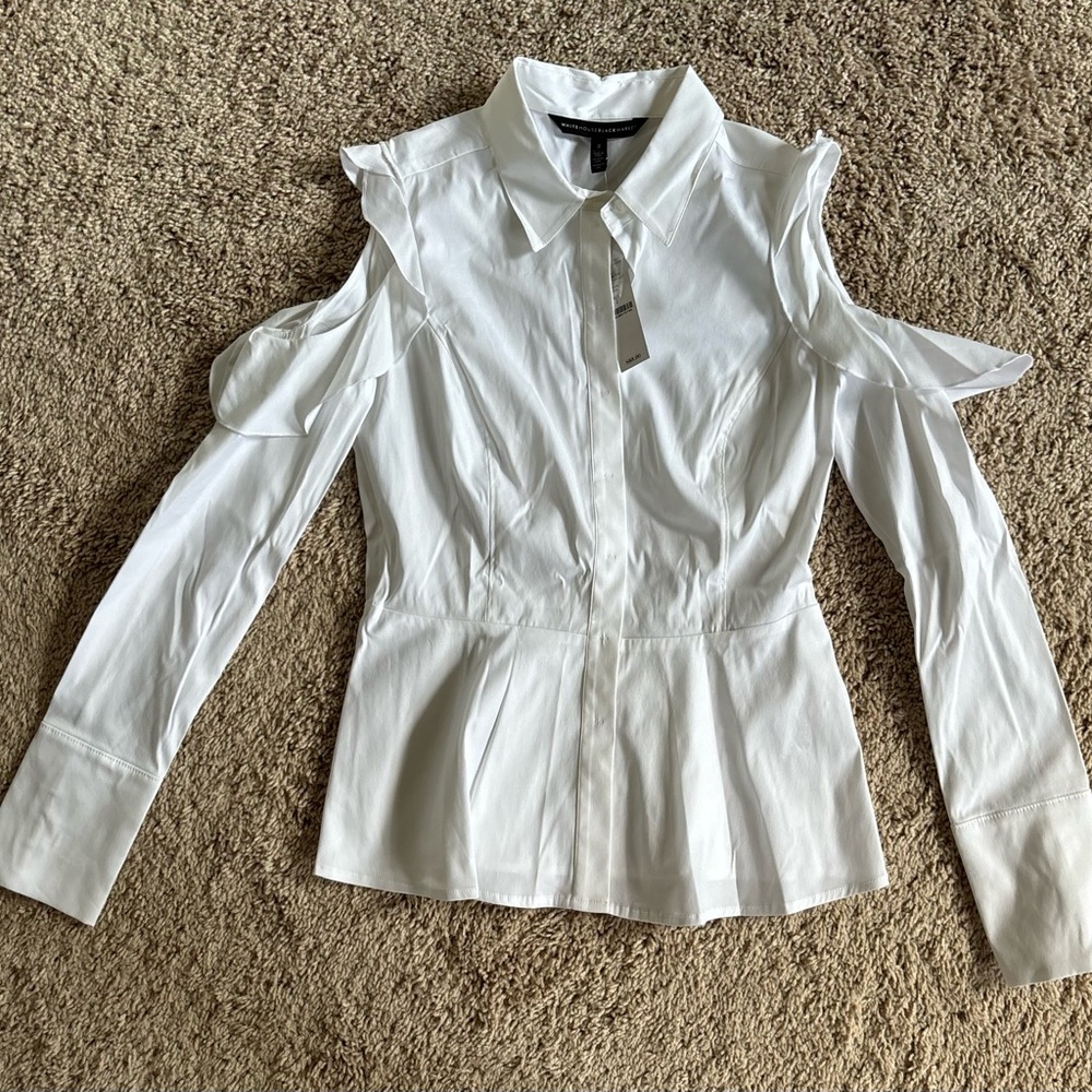 NWT! White House Black Market Long Sleeves Open Shoulder White Poplin Top / Sz 2